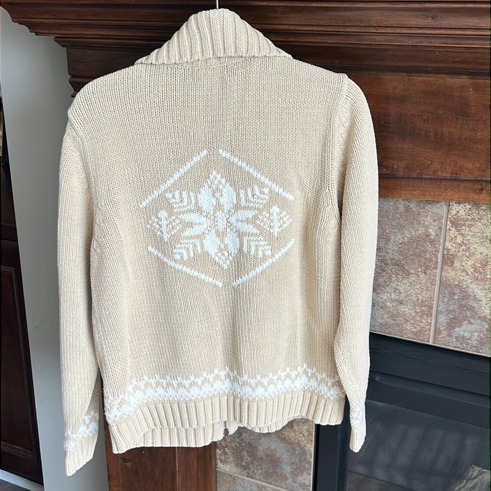 Tan snowflake Nordic fair isle zip cardigan sweater vintage Eddie Bauer L tall